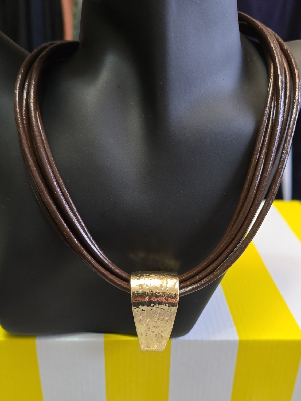 Multi-Strand Brown Leather Necklace with Gold Tone Accent #0908